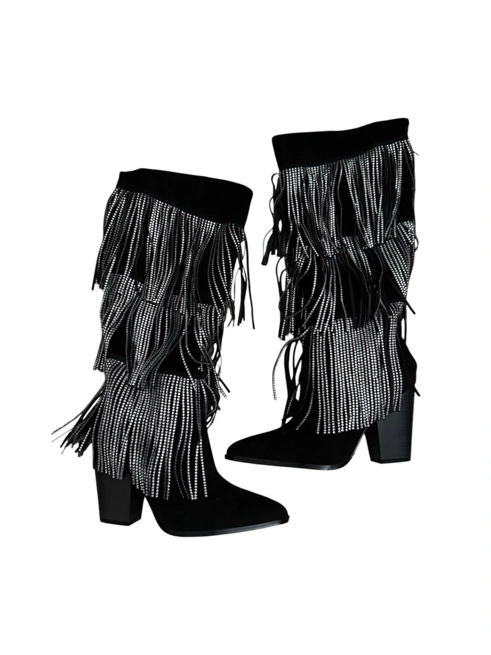 Black Suede Fringe Knee-High Boots with Rhinestones